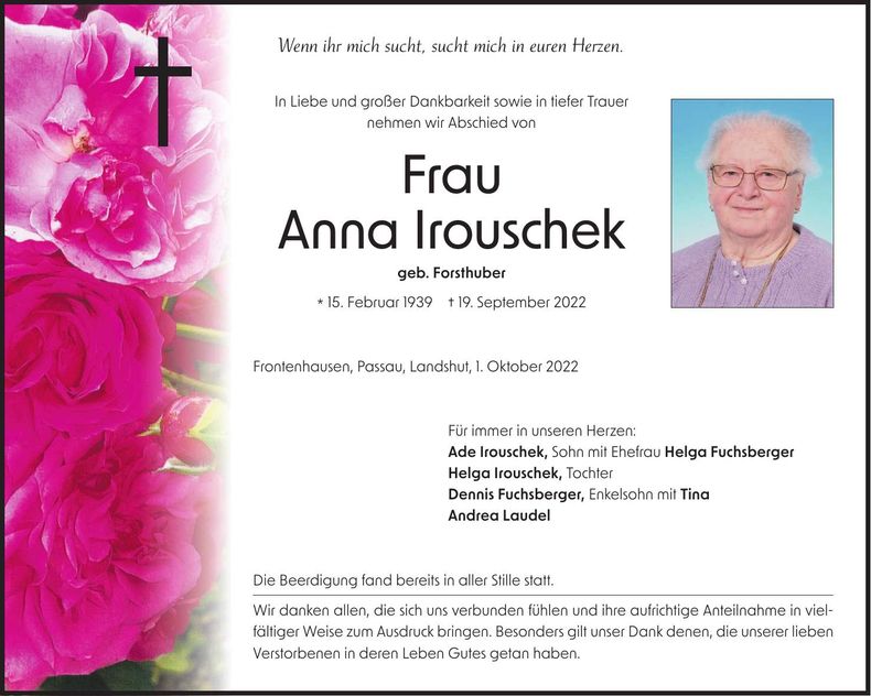 Traueranzeige Anna Irouschek
