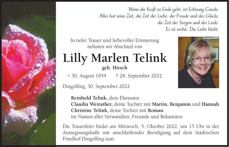 Traueranzeige Lilly Marlen Telink