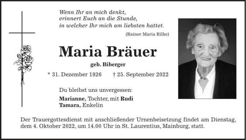 Traueranzeige Maria Bräuer
