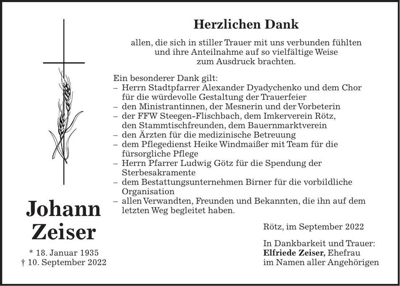 Traueranzeige Johann Zeiser