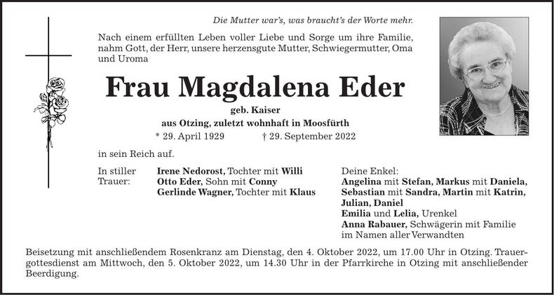 Traueranzeige Magdalena Eder