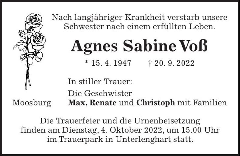 Traueranzeige Agnes Sabine Voß