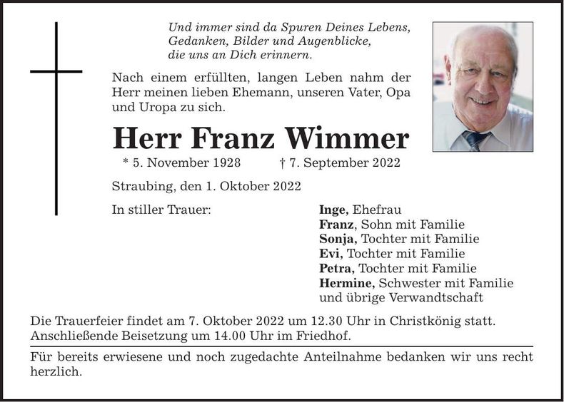 Traueranzeige Franz Yaver Wimmer