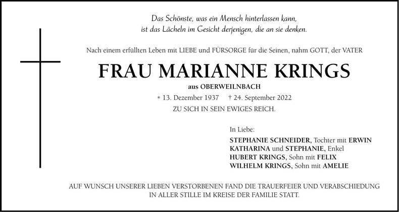Traueranzeige Marianne Krings