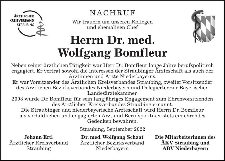 Traueranzeige Wolfgang Bomfleur Herrn Dr. med.