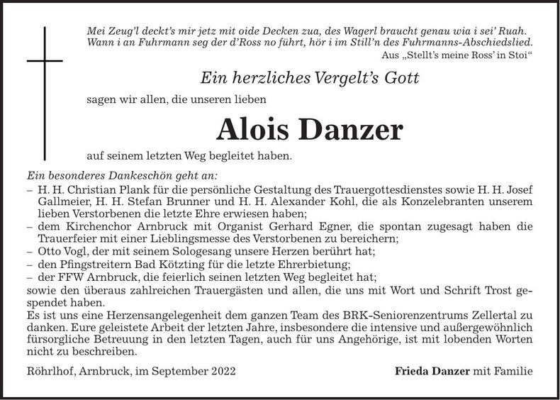 Traueranzeige Alois Danzer
