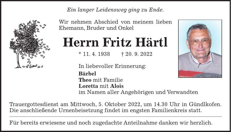 Traueranzeige Fritz Härtl