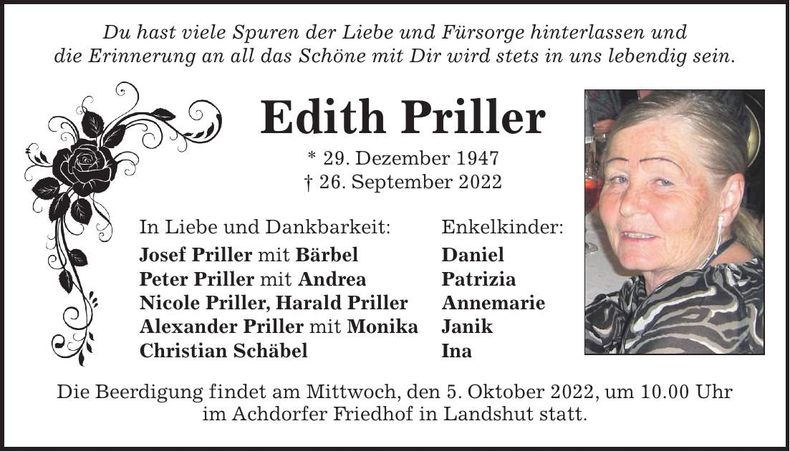 Traueranzeige Edith Priller