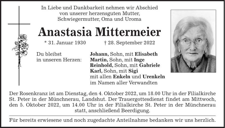 Traueranzeige Anastasia Mittermeier