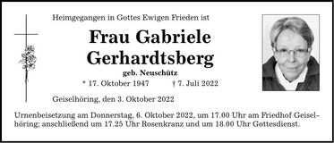 Traueranzeige Gabriele Gerhardtsberg
