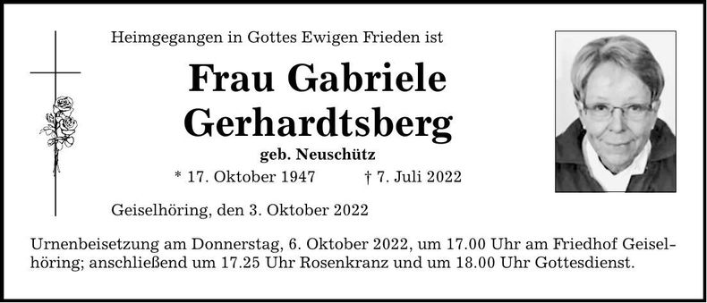 Traueranzeige Gabriele Gerhardtsberg