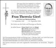 Traueranzeige Theresia Gierl