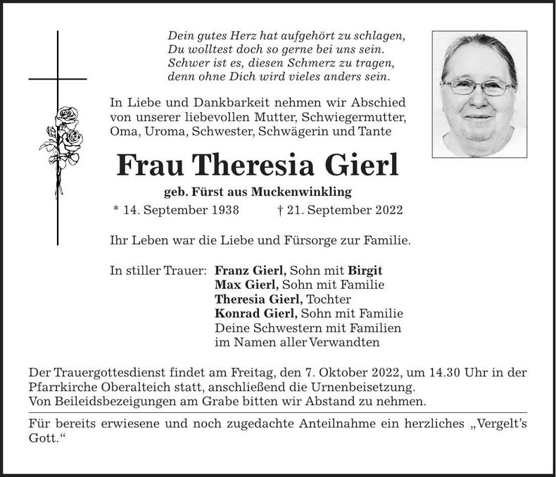 Traueranzeige Theresia Gierl