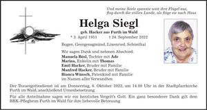 Traueranzeige Helga Siegl