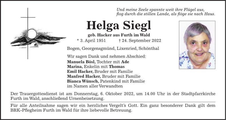 Traueranzeige Helga Siegl