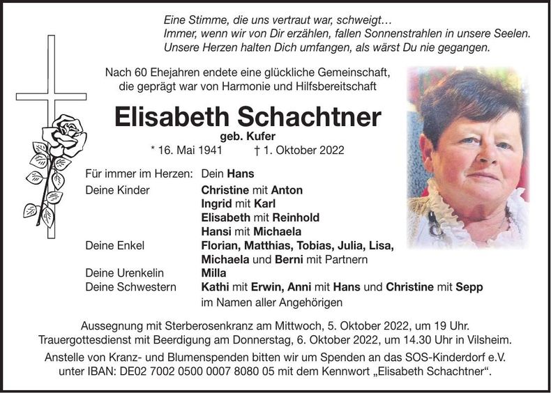 Traueranzeige Elisabeth Schachtner
