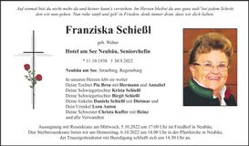 Traueranzeige Franziska Schießl