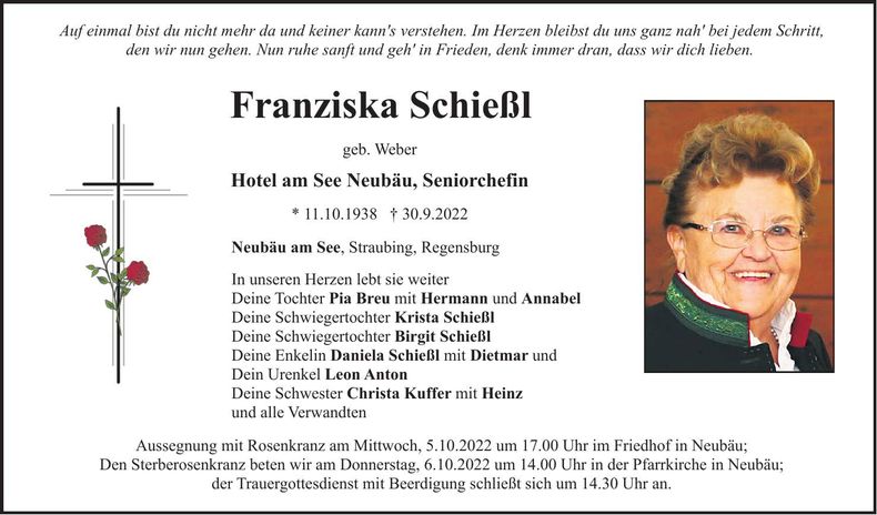 Traueranzeige Franziska Schießl