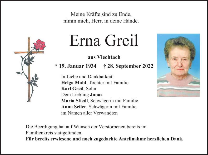 Traueranzeige Greil Erna