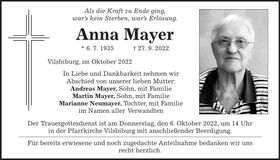 Traueranzeige Anna Mayer