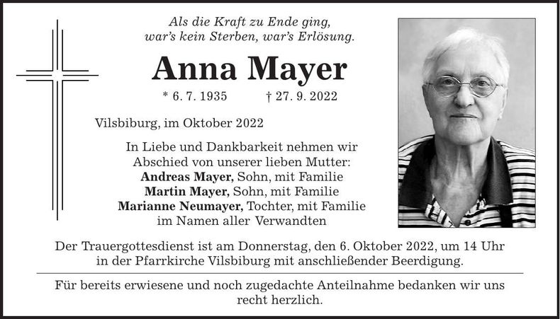 Traueranzeige Anna Mayer