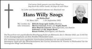 Traueranzeige Hans Willy Szogs