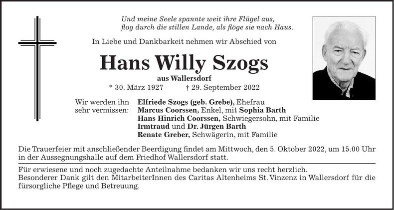 Traueranzeige Hans Willy Szogs