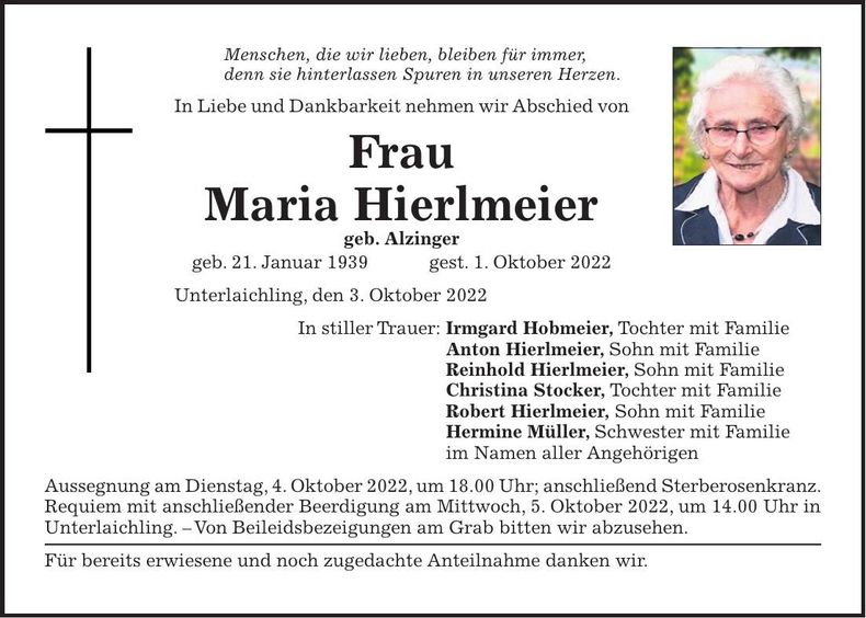Traueranzeige Maria Hierlmeier