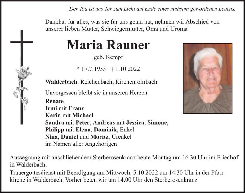Traueranzeige Maria Rauner