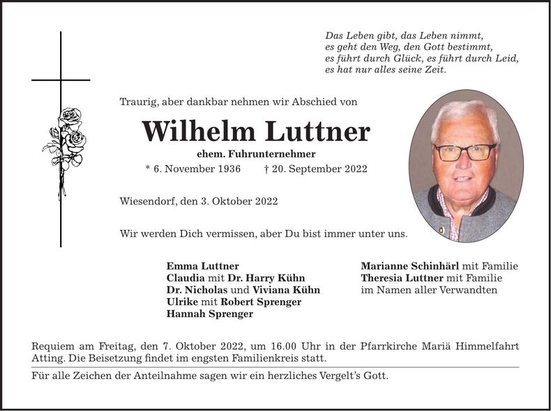 Traueranzeige Wilhelm Luttner