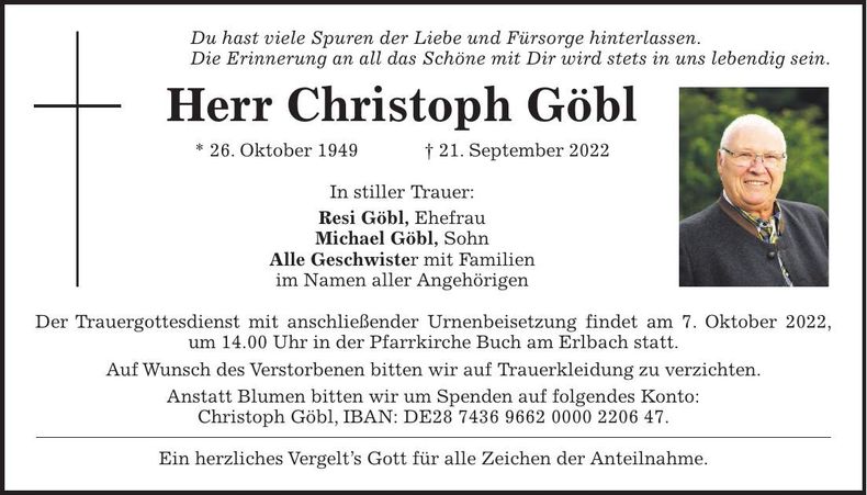 Traueranzeige Christoph Göbl