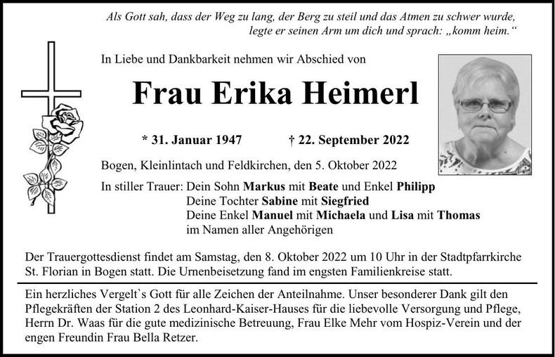 Traueranzeige Erika Heimerl