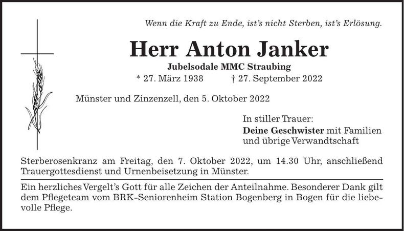 Traueranzeige Anton Janker