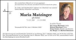 Traueranzeige Maria Matzinger
