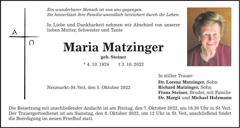Traueranzeige Maria Matzinger