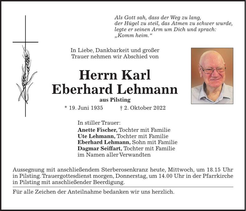 Traueranzeige Karl Eberhard Lehmann