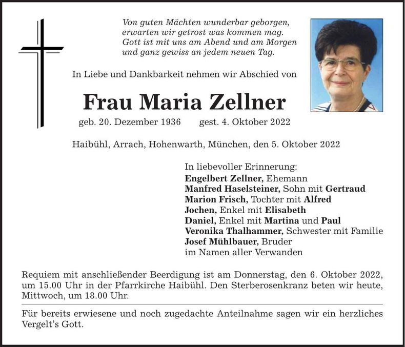 Traueranzeige Maria Zellner