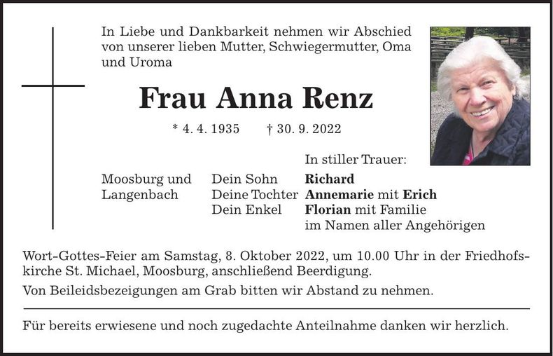 Traueranzeige Anna Renz