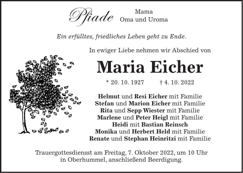 Traueranzeige maria Eicher