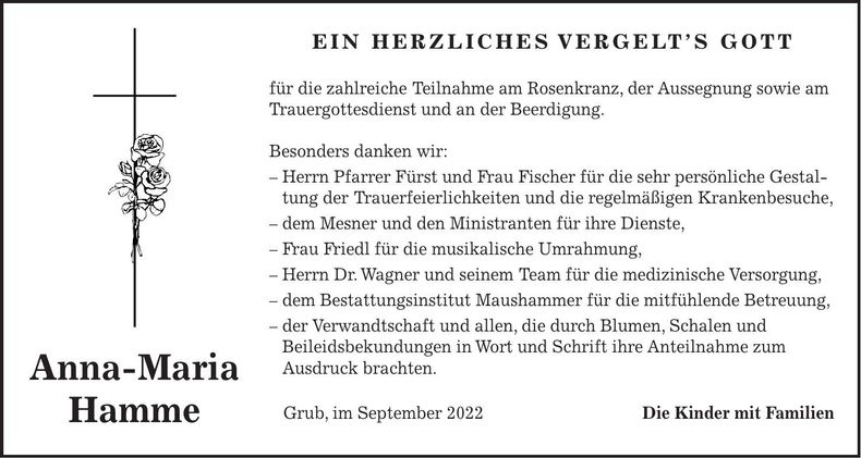 Traueranzeige Anna-Maria Hamme