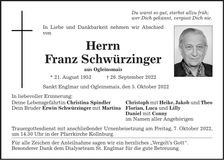Traueranzeige Schwürzinger Franz