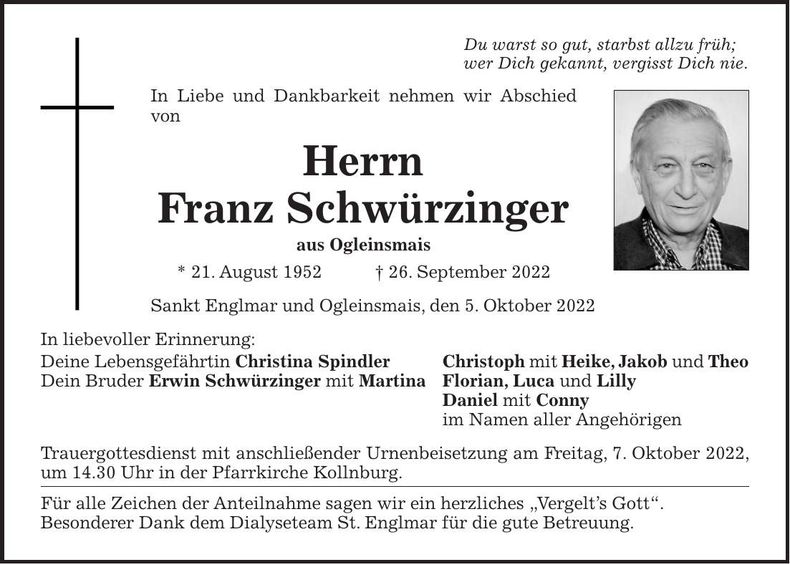 Traueranzeige Schwürzinger Franz