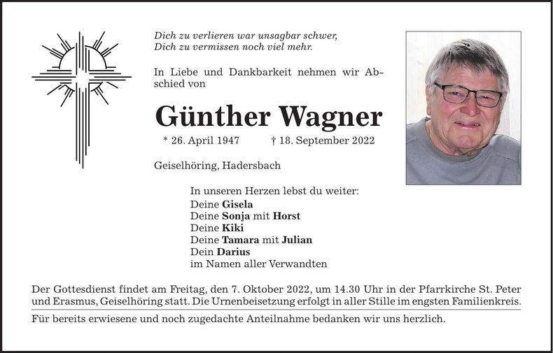 Traueranzeige Günther Wagner