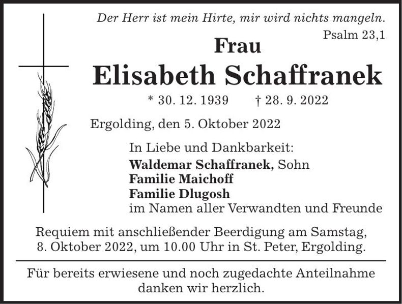 Traueranzeige Elisabeth Schaffranek