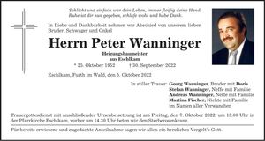 Traueranzeige Peter Wanninger