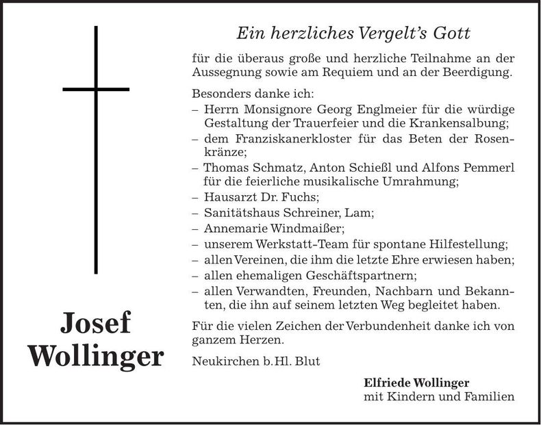 Traueranzeige Josef Wollinger