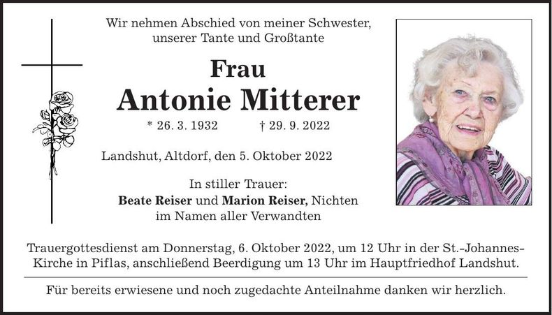 Traueranzeige Antonie Mitterer