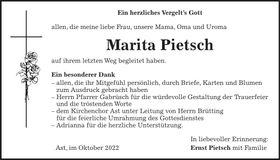 Traueranzeige Marita Pietsch