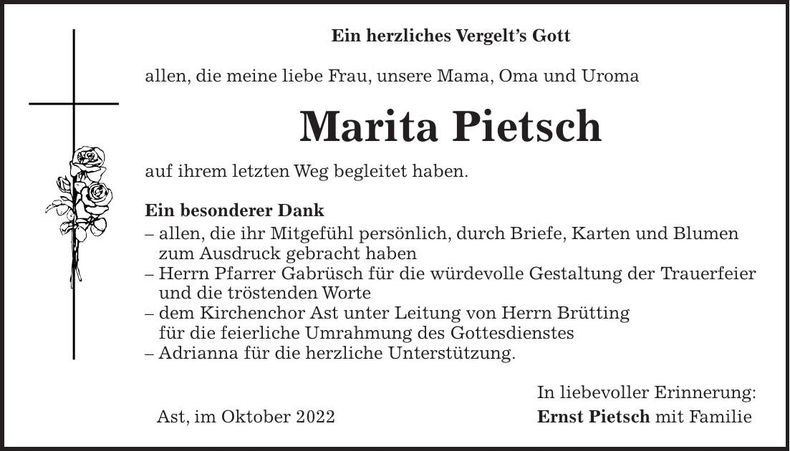 Traueranzeige Marita Pietsch