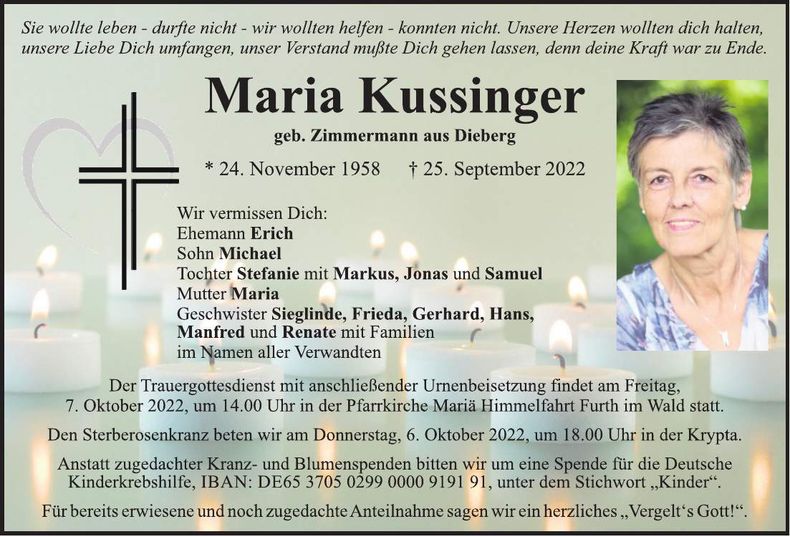 Traueranzeige Maria Kussinger